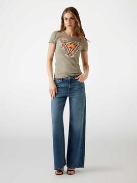 CAMISETA SLIM FIT CON LOGOTIPO TRIANGULO FLORAL VERDE CAQUI