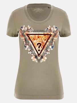 CAMISETA SLIM FIT CON LOGOTIPO TRIANGULO FLORAL VERDE CAQUI