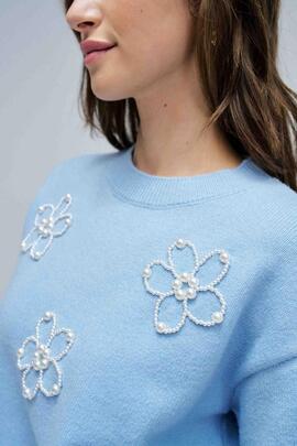 JERSEY DE PUNTO CELESTE CON PERLAS