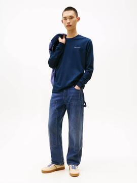 CAMISETA MANGA LARGA SLIM FIT CON LOGO LINEAL AZUL