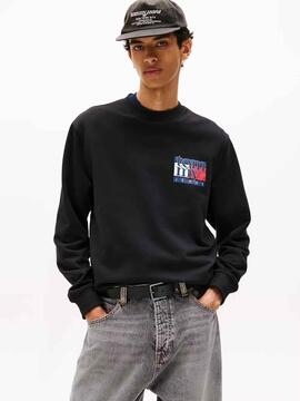 SUDADERA REGULAR FIT NEGRA CON LOGO DE BANDERA
