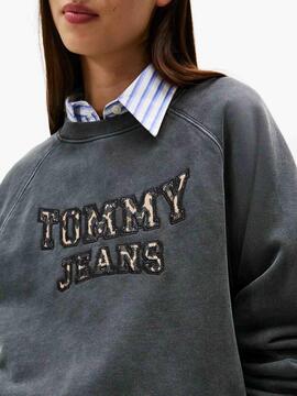 SUDADERA UNIVERSITARIA RELAXED FIT GRIS CON LOGO ANIMAL PRIN