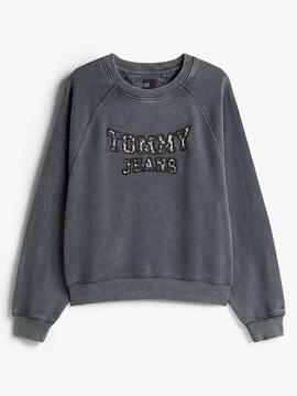 SUDADERA UNIVERSITARIA RELAXED FIT GRIS CON LOGO ANIMAL PRIN