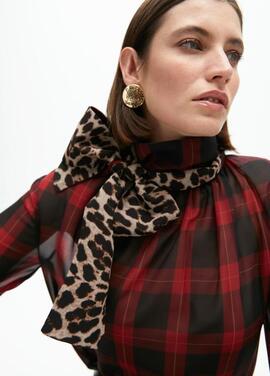 CAMISA LAZADA ANIMAL PRINT COMBINADA CON TARTÁN ROJO Y NEGRO