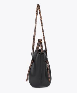 BOLSO MINI SHOPPER NEGRO CON DETALLES ANIMAL PRINT