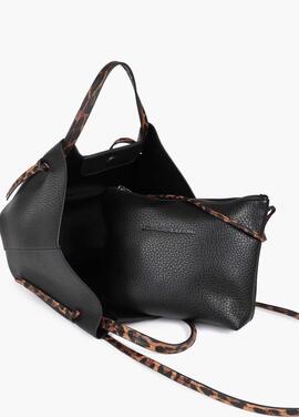 BOLSO MINI SHOPPER NEGRO CON DETALLES ANIMAL PRINT