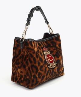 BOLSO TEJIDO ANIMAL PRINT MARRÓN Y NEGRO CON PARCHE ESCUDO