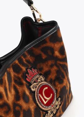 BOLSO TEJIDO ANIMAL PRINT MARRÓN Y NEGRO CON PARCHE ESCUDO