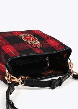 BOLSO TEJIDO TARTÁN ROJO Y NEGRO CON PARCHE ESCUDO