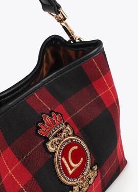 BOLSO TEJIDO TARTÁN ROJO Y NEGRO CON PARCHE ESCUDO