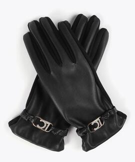 GUANTES EFECTO PIEL NEGROS CON PULSERA Y LOGO OVALADO