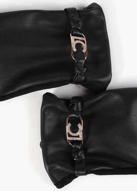 GUANTES EFECTO PIEL NEGROS CON PULSERA Y LOGO OVALADO