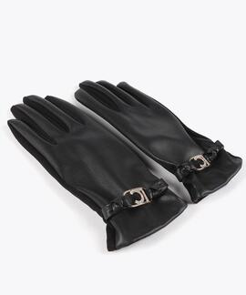 GUANTES EFECTO PIEL NEGROS CON PULSERA Y LOGO OVALADO