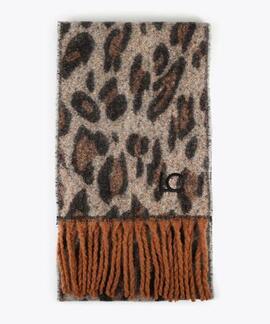 BUFANDA ANIMAL PRINT CRUDO Y MARRÓN CON FLECOS