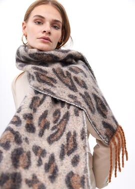 BUFANDA ANIMAL PRINT CRUDO Y MARRÓN CON FLECOS