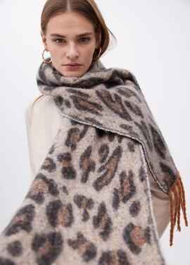 BUFANDA ANIMAL PRINT CRUDO Y MARRÓN CON FLECOS