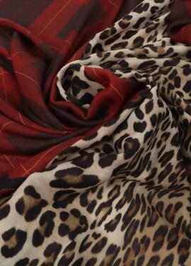 FOULAR COMBINADO ANIMAL PRINT Y TARTÁN ROJO-NEGRO