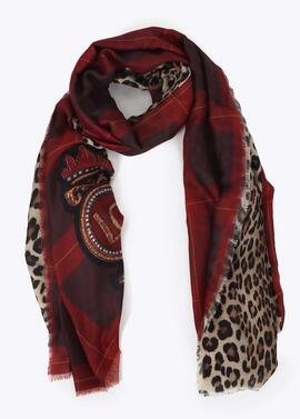 FOULAR COMBINADO ANIMAL PRINT Y TARTÁN ROJO-NEGRO