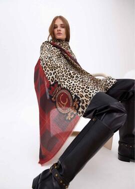 FOULAR COMBINADO ANIMAL PRINT Y TARTÁN ROJO-NEGRO