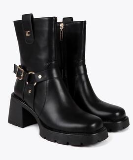 BOTA DE TACÓN ESTILO MOTERO NEGRA CON DETALLES DORADOS