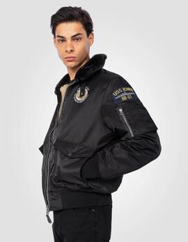 CHAQUETA BOMBER ACOLCHADA OHARAVINTRS NEGRA CON PARCHES