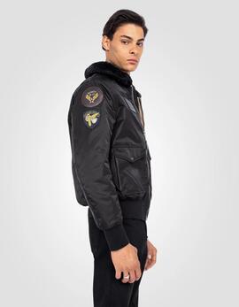CHAQUETA BOMBER ACOLCHADA OHARAVINTRS NEGRA CON PARCHES