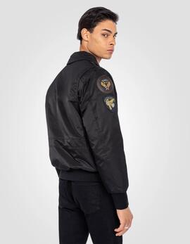 CHAQUETA BOMBER ACOLCHADA OHARAVINTRS NEGRA CON PARCHES