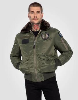 CHAQUETA BOMBER ACOLCHADA OHARAVINTRS VERDE CON PARCHES