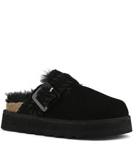 ZUECO SABOT DE PLATAFORMA EN ANTE VACUNO NEGRO CON PESPUNTES