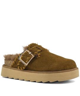 ZUECO SABOT DE PLATAFORMA EN ANTE VACUNO CAMEL CON PESPUNTES