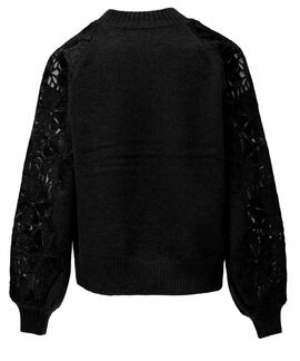 JERSEY DE PUNTO REGULAR FIT CON DETALLE FLORAL DE ENCAJE NEG