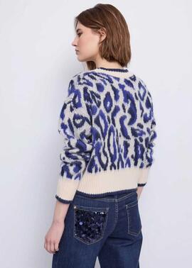 JERSEY CUELLO REDONDO CON ESTAMPADO ANIMALIER JACQUARD AZUL