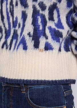 JERSEY CUELLO REDONDO CON ESTAMPADO ANIMALIER JACQUARD AZUL