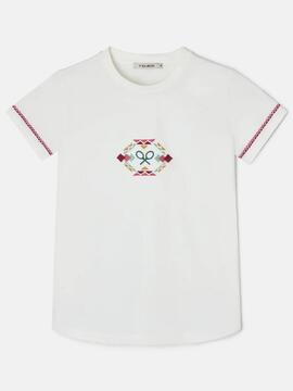 CAMISETA WOMAN BORDADO ÉTNICO MULTICOLOR BLANCA