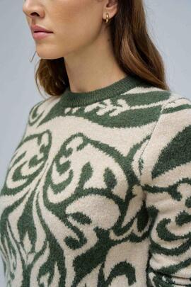 JERSEY DE LANA BEIGE CON JACQUARD VERDE Y LUREX DORADO