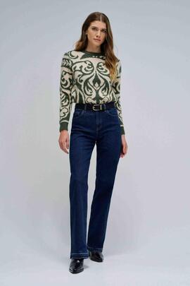 JERSEY DE LANA BEIGE CON JACQUARD VERDE Y LUREX DORADO