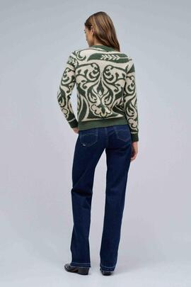 JERSEY DE LANA BEIGE CON JACQUARD VERDE Y LUREX DORADO