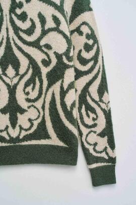JERSEY DE LANA BEIGE CON JACQUARD VERDE Y LUREX DORADO