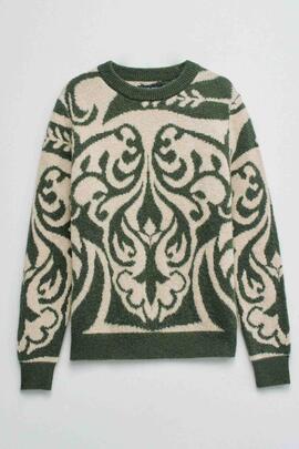 JERSEY DE LANA BEIGE CON JACQUARD VERDE Y LUREX DORADO