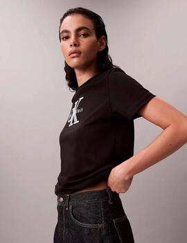 CAMISETA CK CLÁSICA NEGRA CON MONOLOGO BRILLANTE PLATA METAL