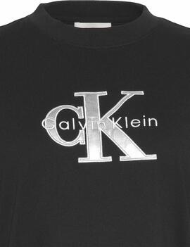 CAMISETA CK CLÁSICA NEGRA CON MONOLOGO BRILLANTE PLATA METAL