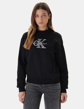 SUDADERA CK FOIL NEGRA CON MONOLOGO BRILLANTE PLATA METALIZA