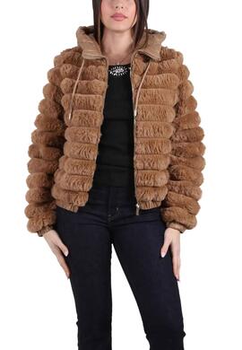 CHAQUETA CON CAPUCHA PIEL SINTÉTICA CAMEL