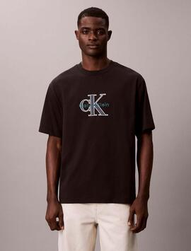 CAMISETA CK MONOLOGO TRICOLOR RELAXED FIT NEGRA