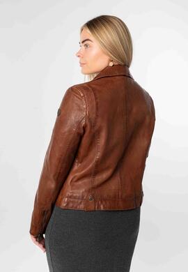 CAZADORA DE PIEL WOMEN BIKER ASYMMETRICAL COGNAC MARRÓN ENVE