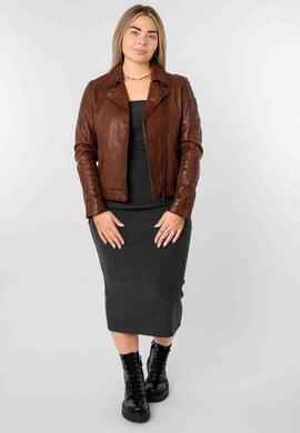 CAZADORA DE PIEL WOMEN BIKER ASYMMETRICAL COGNAC MARRÓN ENVE