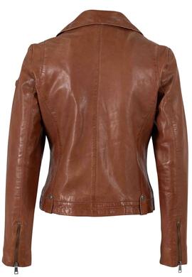CAZADORA DE PIEL WOMEN BIKER ASYMMETRICAL COGNAC MARRÓN ENVE