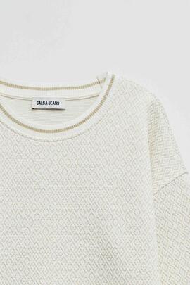 SUDADERA REGULAR FIT COLOR CRUDO CON JACQUARD BEIGE Y LUREX
