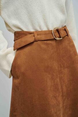 FALDA MIDI REGULAR FIT EN ANTE SINTÉTICO MARRÓN