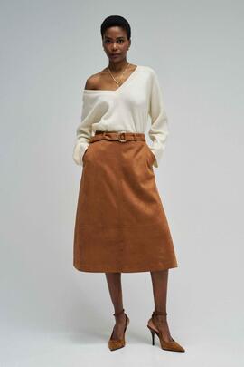 FALDA MIDI REGULAR FIT EN ANTE SINTÉTICO MARRÓN